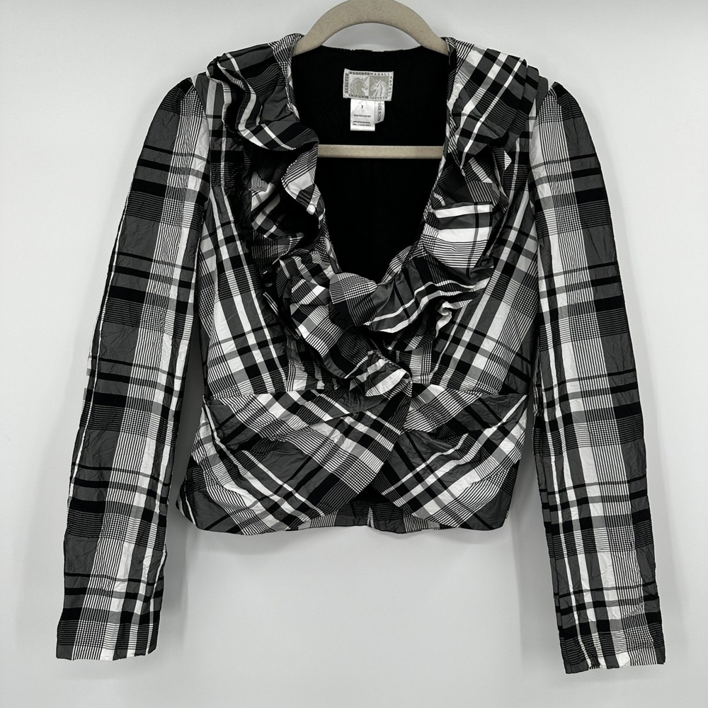 Alberto Makali Women's‎ Size 2 Black White Plaid Ruffle Blazer Jacket Snap Front
